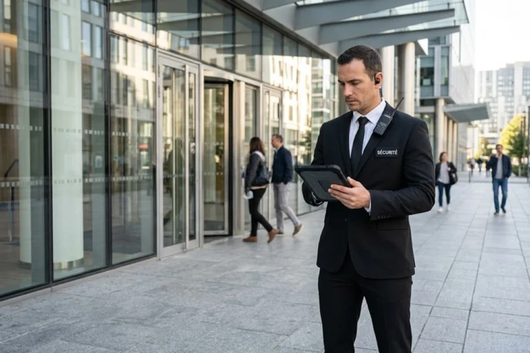Agent de sécurité privée vigilant en mission