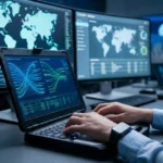 Analyste assis à une station de travail dans une salle d'opérations de sécurité (SOC) faiblement éclairée