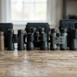 Cinq paires de jumelles tactiques et d'observation haut de gamme alignées horizontalement pour la comparaison