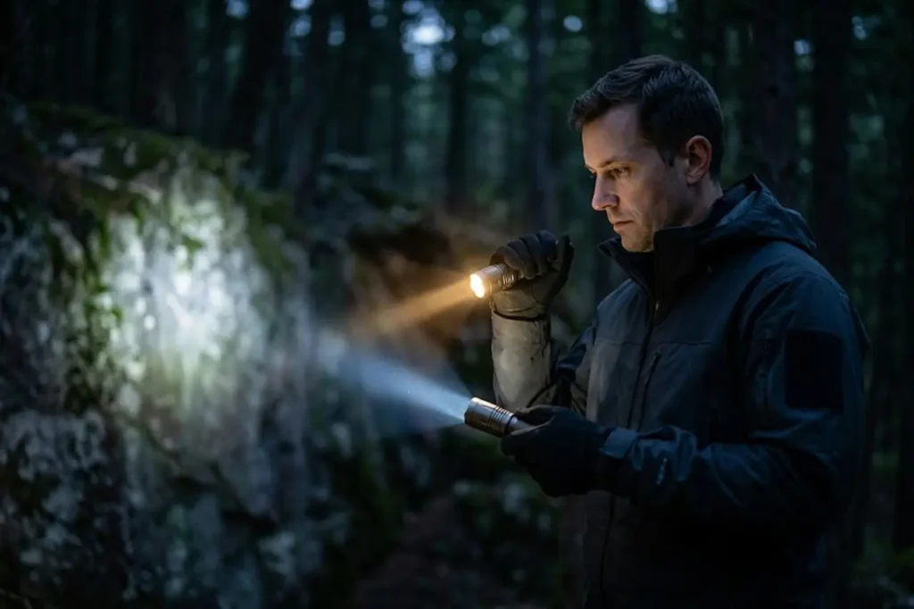 Un homme d'outdoor, portant une veste technique sombre et des gants, se tient debout, tenant une lampe de poche tactique différente dans chaqu