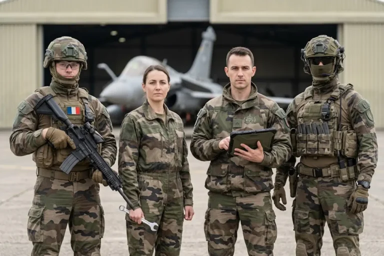 Soldats d'infanterie et une technicienne de maintenance aéronautique