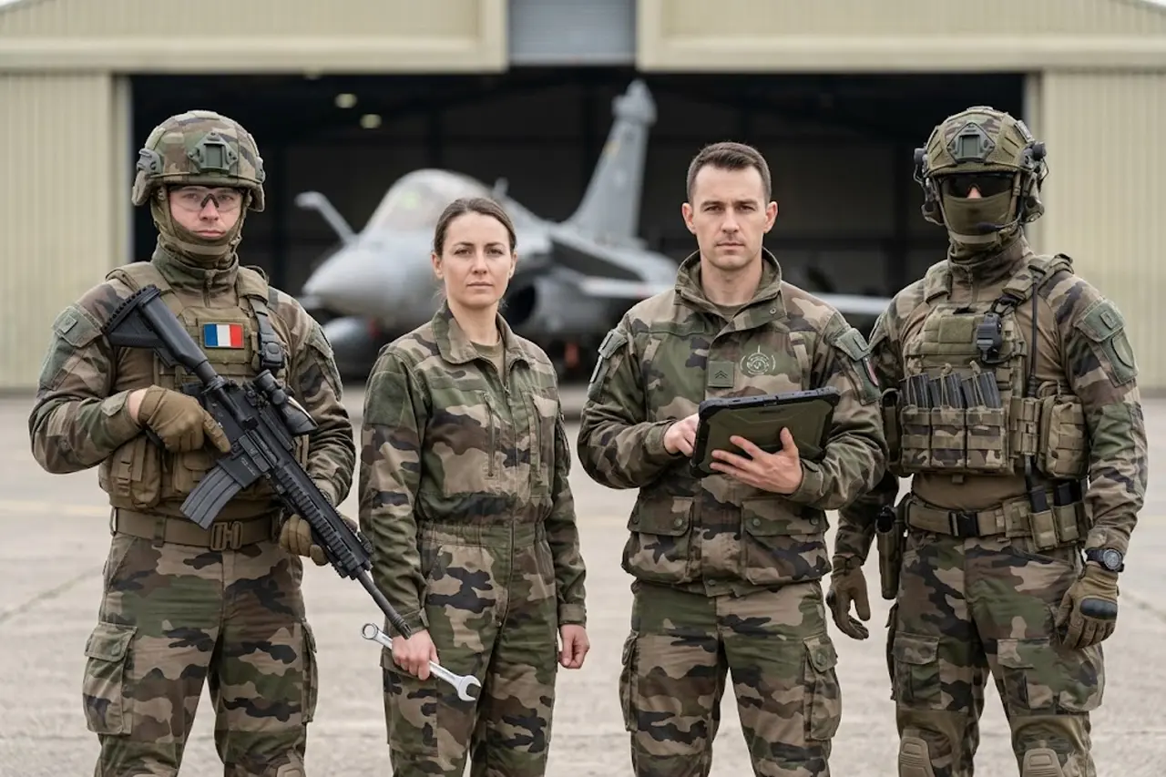 Soldats d'infanterie et une technicienne de maintenance aéronautique